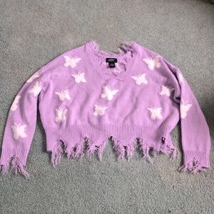 Cute Just Polly Purple Butterfly Cropped Distressed Sweater